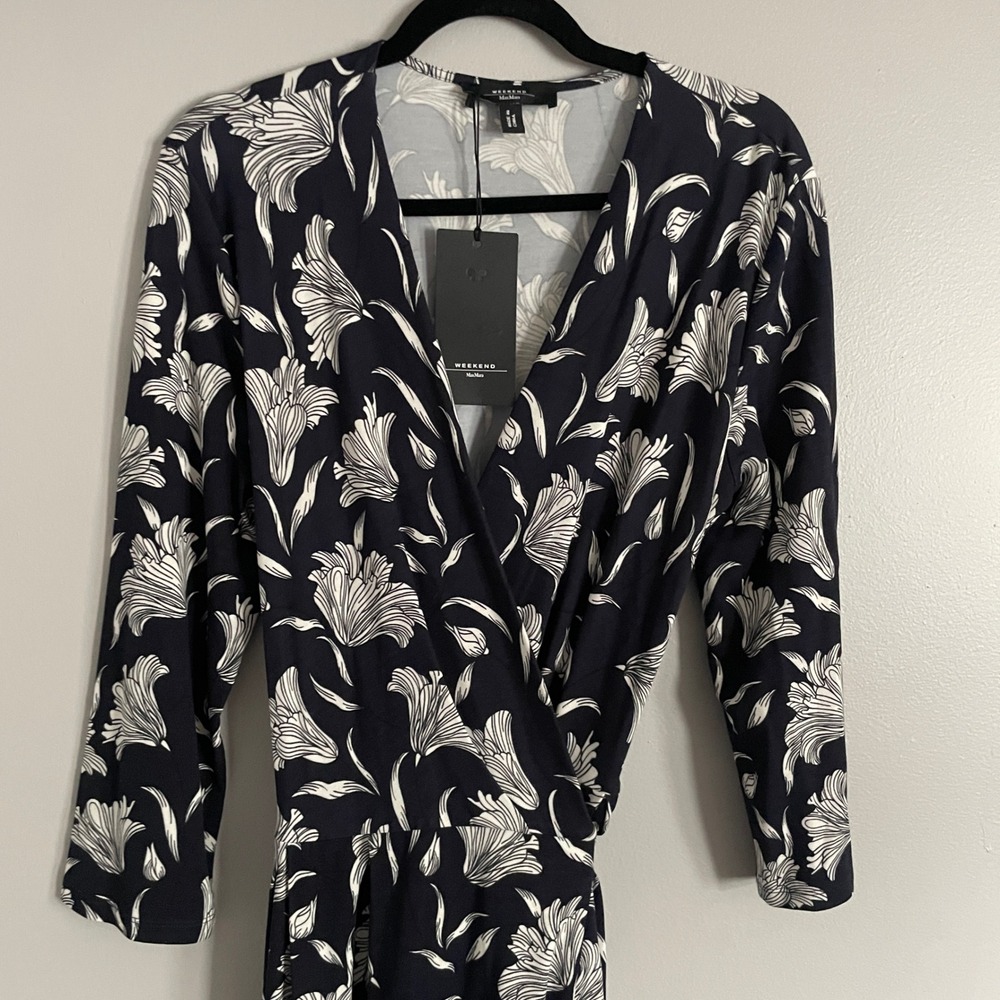 Weekend Max Mara Mogador Wrap Dress Womens XL Navy Floral Jersey Classic‎
